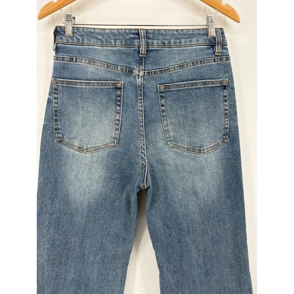 OAT New York Mid Rise Kick Flare Jeans Size 6/28 Blue Denim Button Fly Versatile